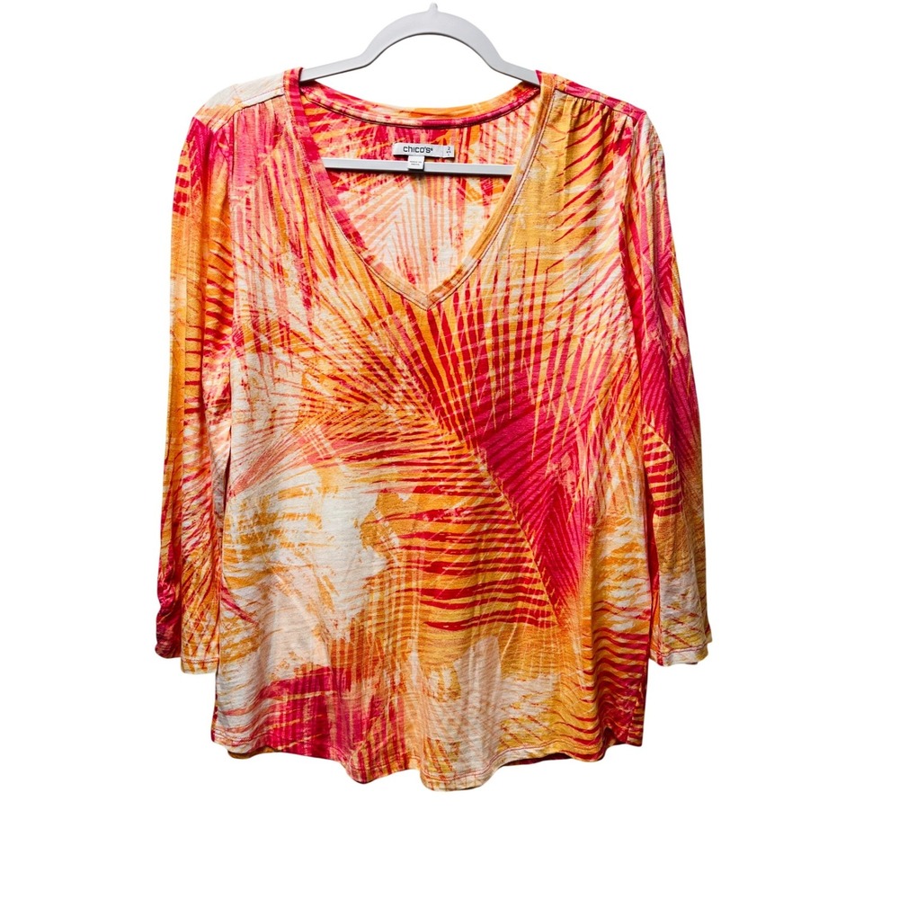 Chico's Top L Orange Pink Tropical Palm Leaf Watercolor Bright Botanical Coastal